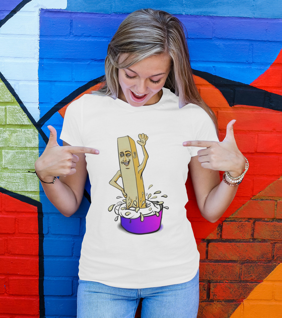 Belgian French Fry Cartoon Character Waving In Sauce Bowl T-Shirt
