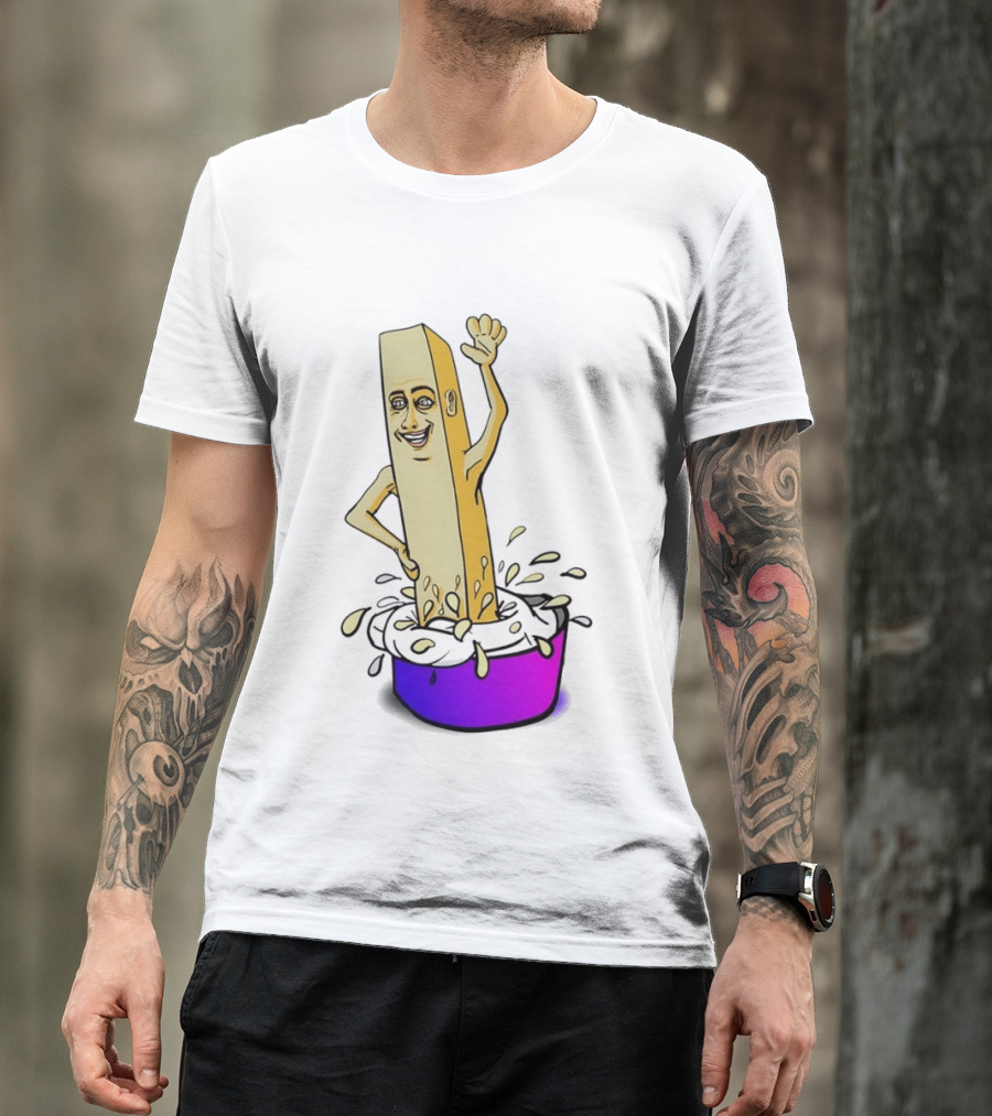 Belgian French Fry Cartoon Character Waving In Sauce Bowl T-Shirt