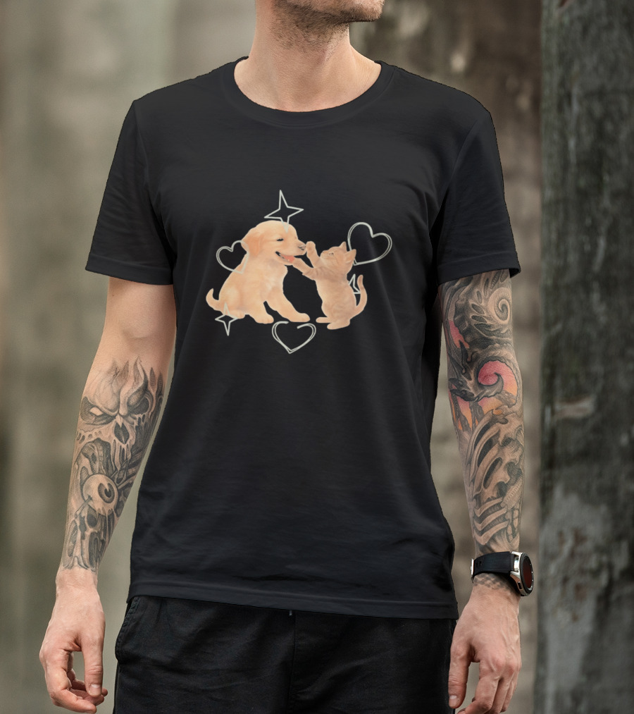 Golden Retriever Puppy And Tabby Kitten Playing With Stars And Hearts T-Shirt