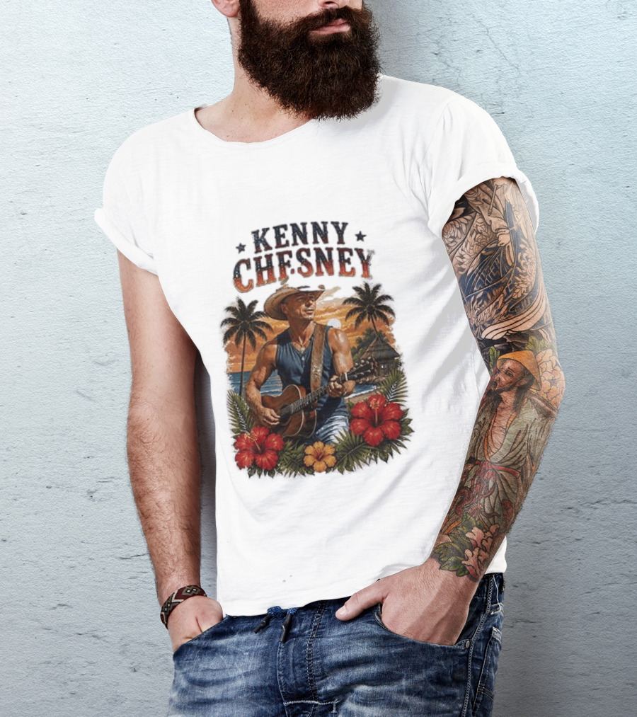 Kenny Chesney Tropical Paradise Vibes With Guitar And Palm Trees T-Shirt