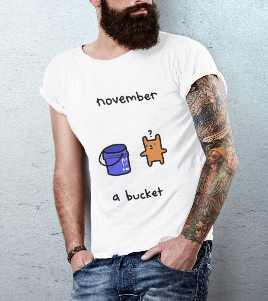 November A Bucket Doodle Minimalist Orange Character Blue Bucket T-Shirt