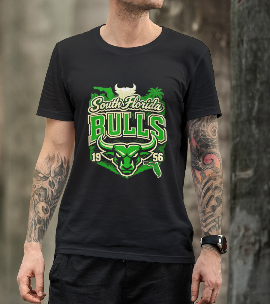 South Florida Bulls 1956 NCAA College Football Palm Tree Map Green Bull T-Shirt