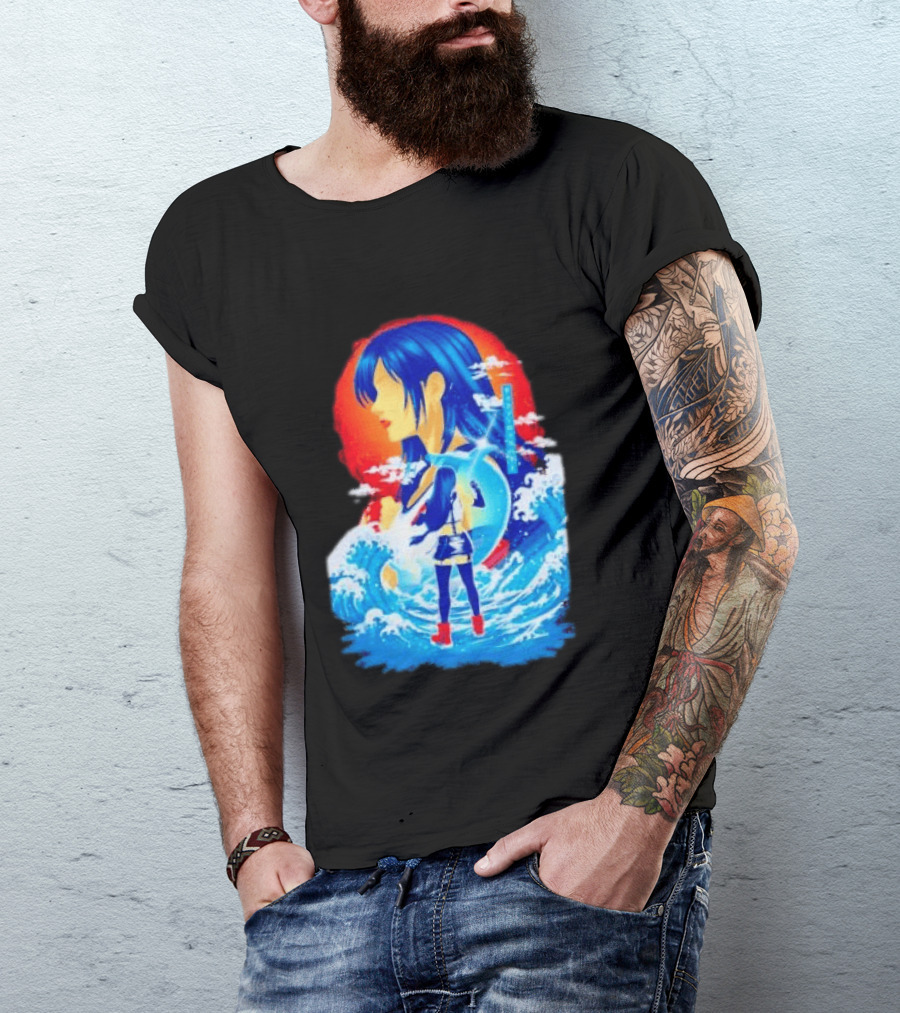 Tifa Lockhart Final Fantasy Japanese Wave Anime Art Ocean Scene T-Shirt