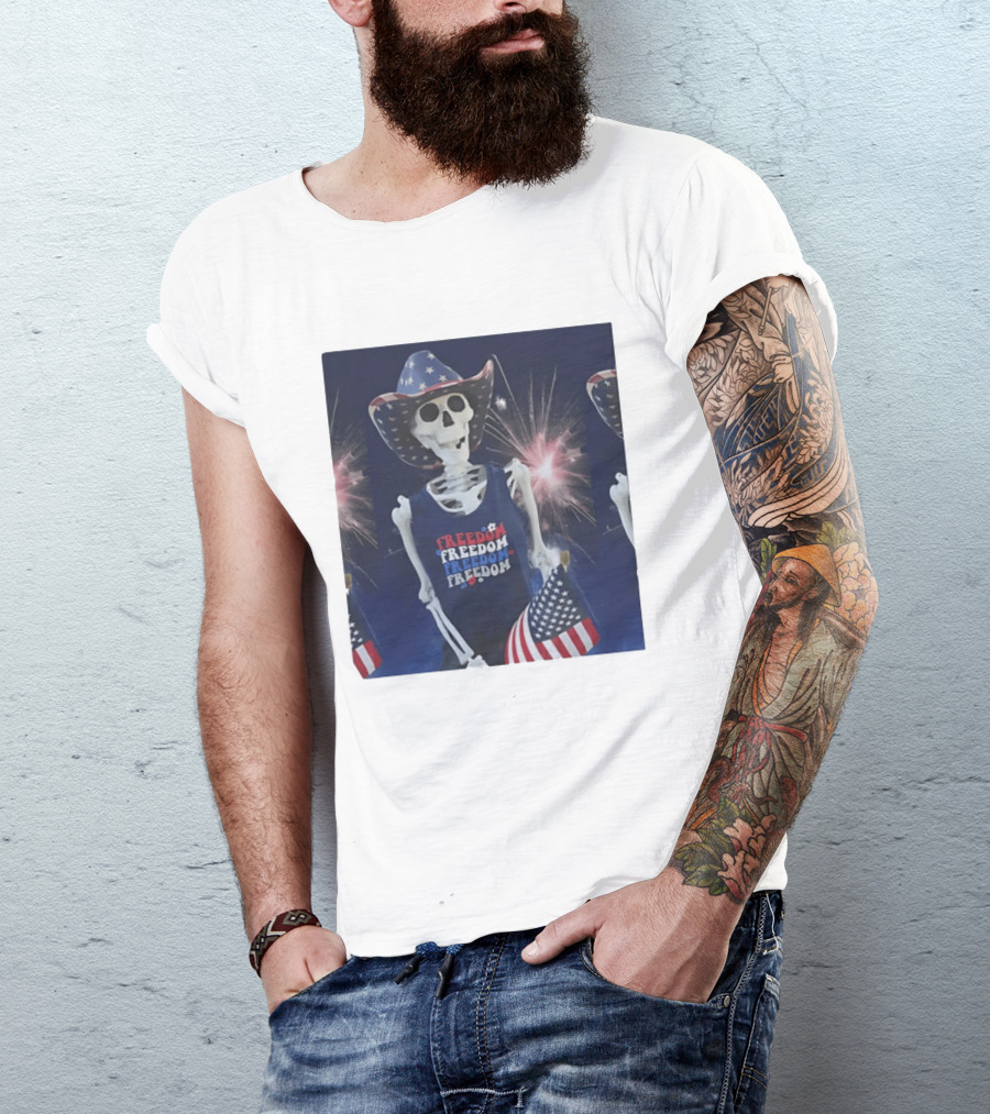 Freedom Skeleton Patriot With American Flag And Fireworks Fourth Of July T-Shirt