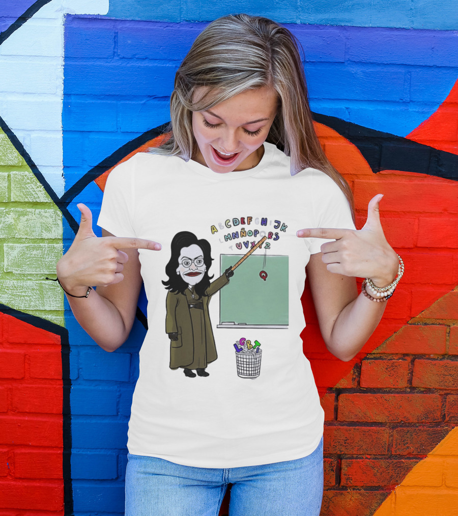 LGBTQ Alphabet Removal Cartoon Teacher With Chalkboard And Trash Bin T-Shirt