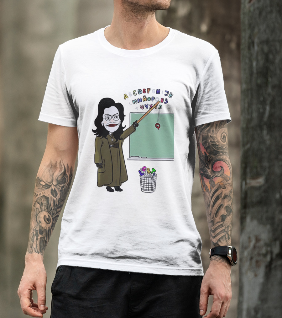 LGBTQ Alphabet Removal Cartoon Teacher With Chalkboard And Trash Bin T-Shirt