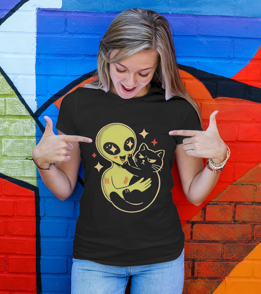 Alien Holding Grumpy Black Cat Surrounded By Stars T-Shirt