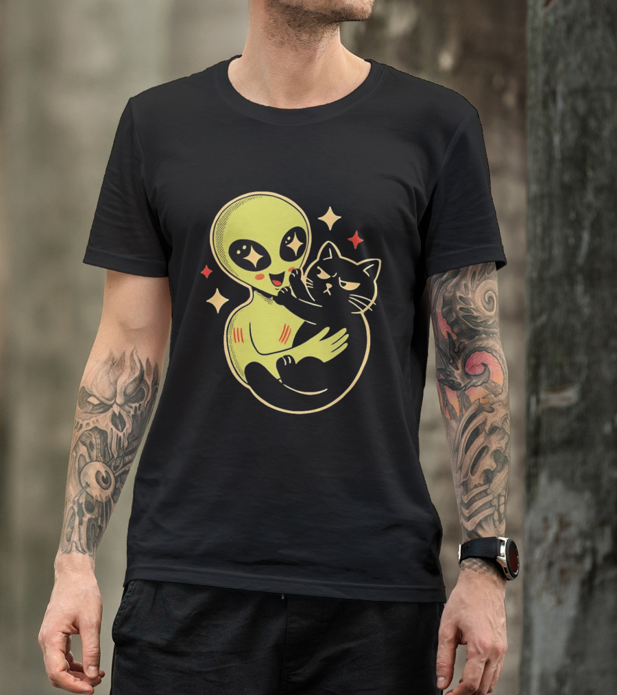 Alien Holding Grumpy Black Cat Surrounded By Stars T-Shirt
