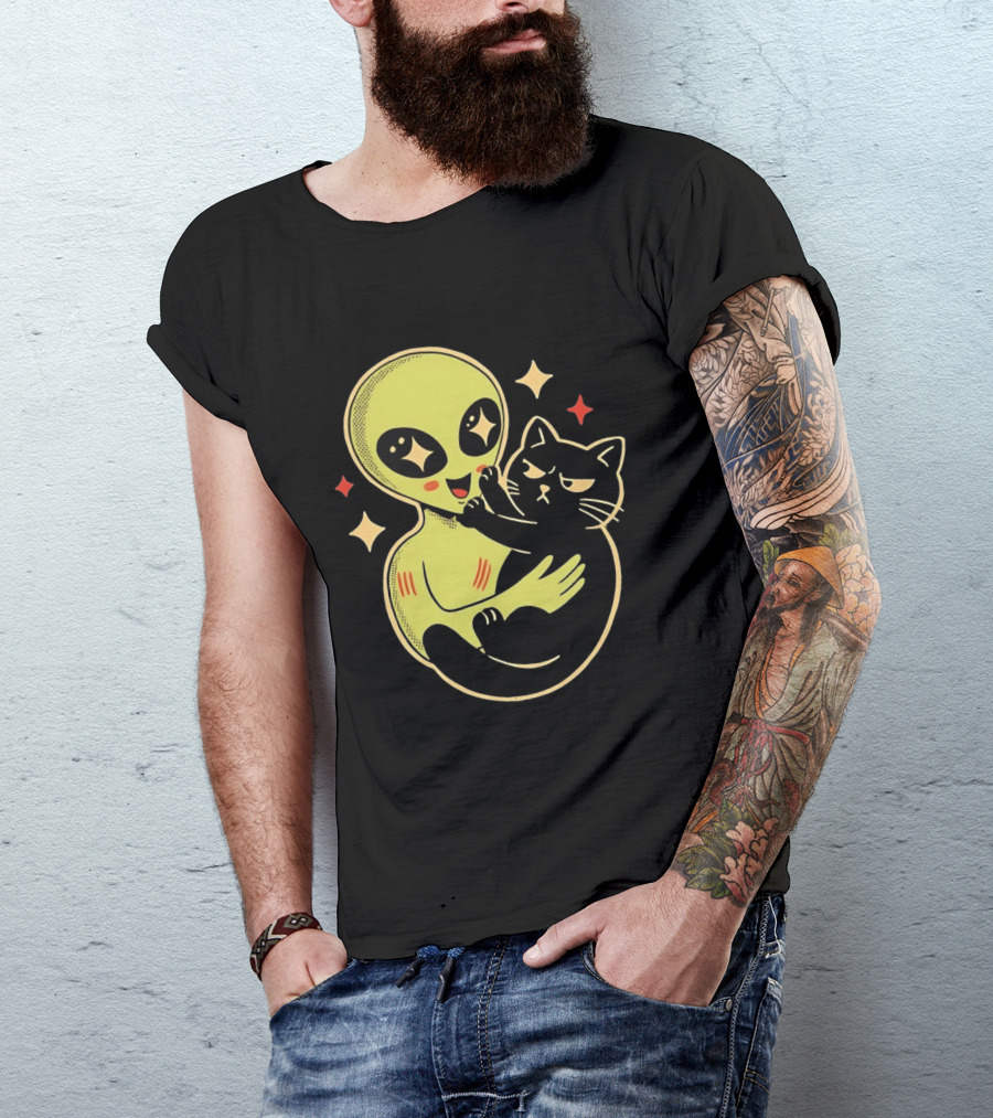Alien Holding Grumpy Black Cat Surrounded By Stars T-Shirt