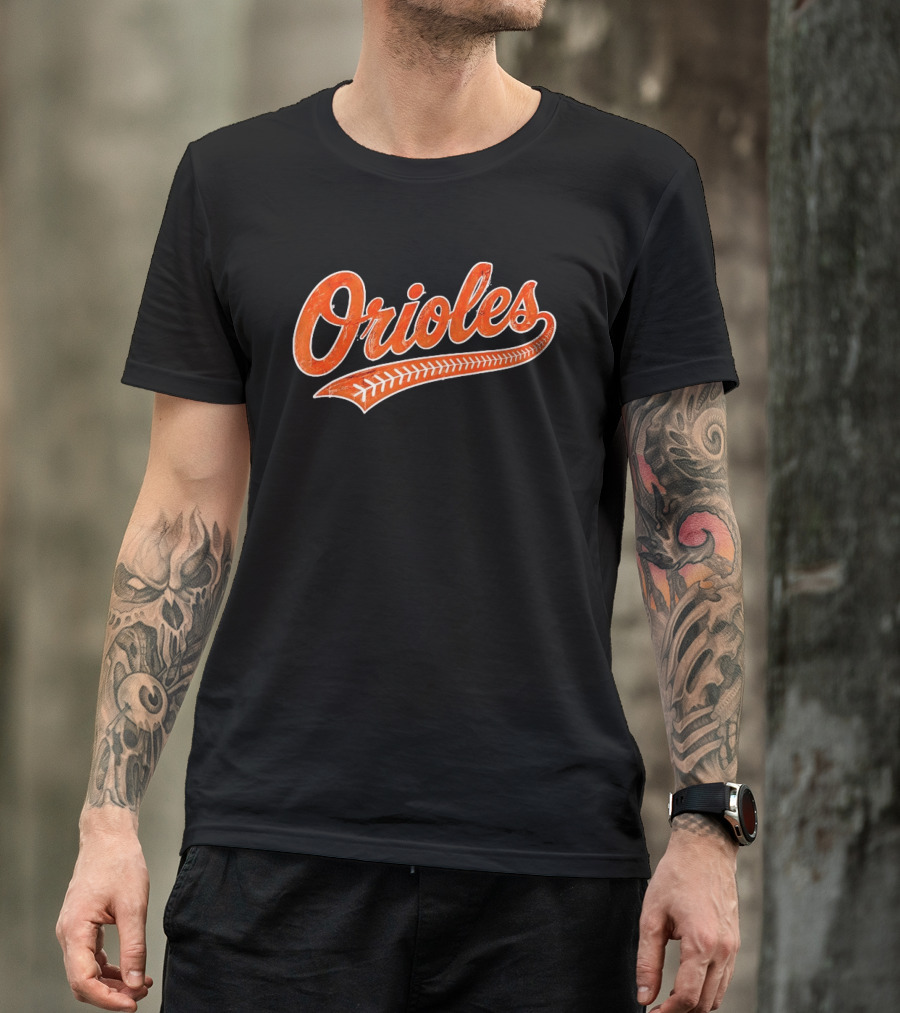 Baltimore Orioles Vintage Text With Baseball Stitching T-Shirt