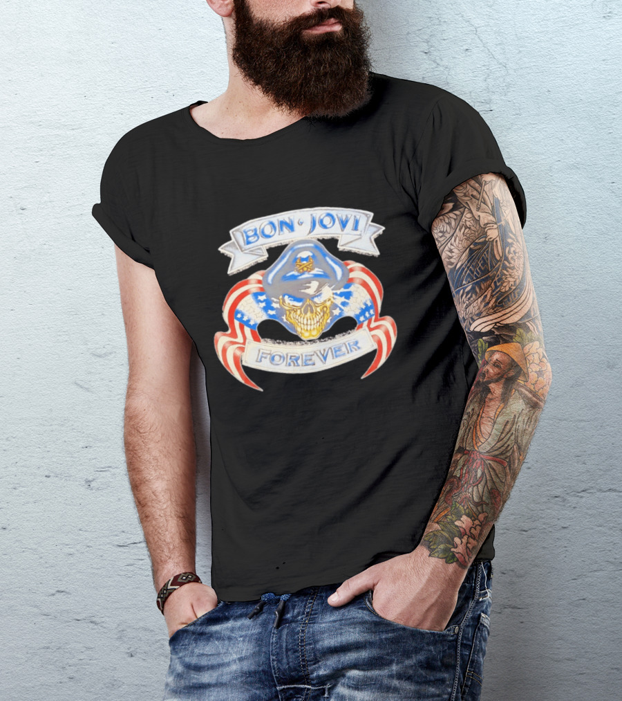 Bon Jovi Forever Skull With American Flag Banners And Blue Cap T-Shirt