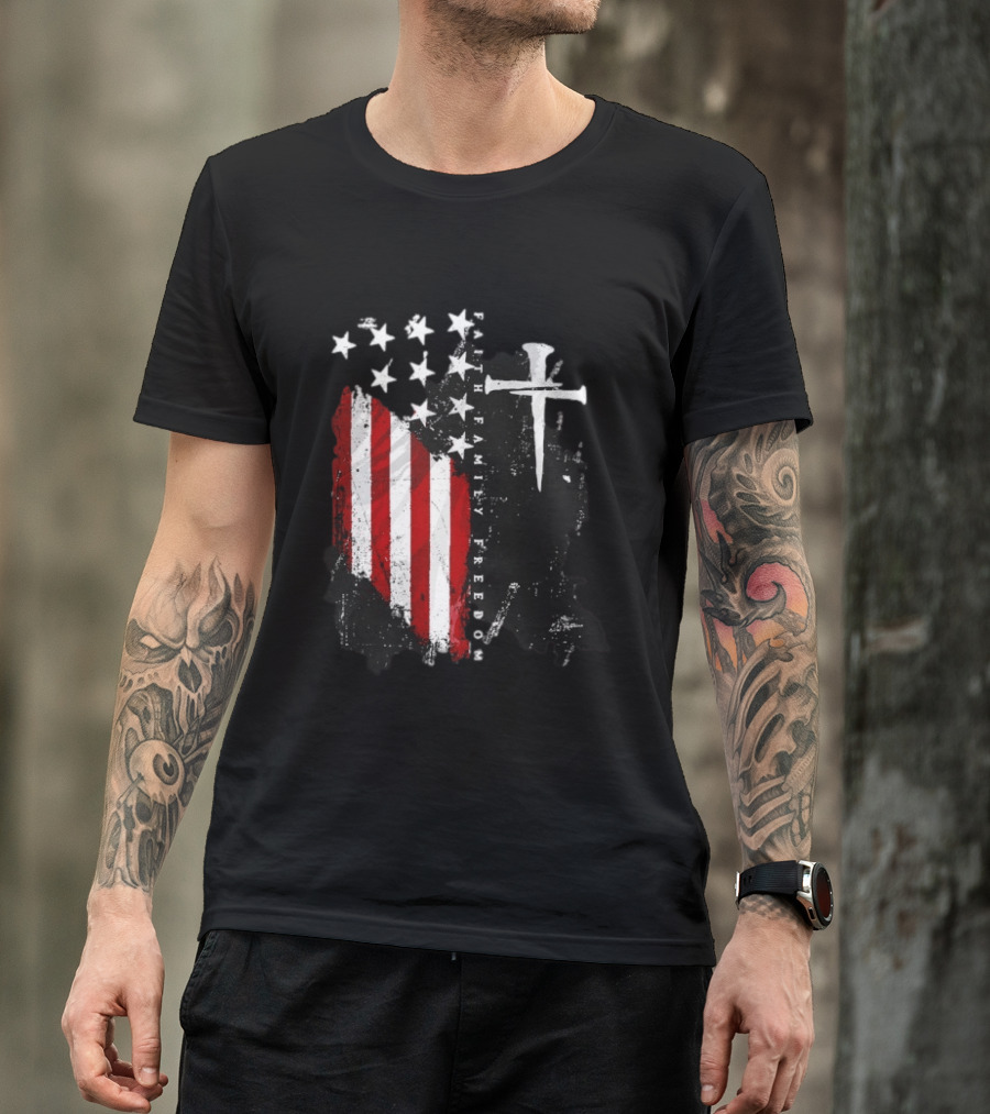 Faith Family Freedom Patriotic American Flag Cross T-Shirt