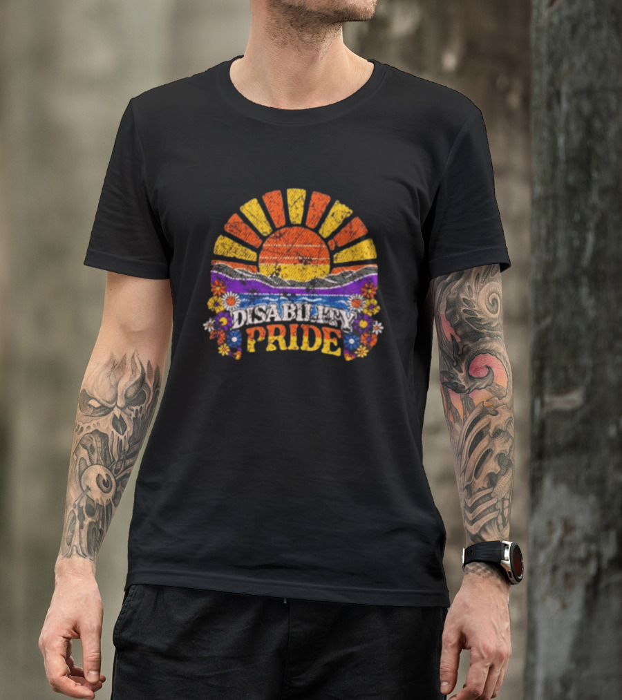 Disability Pride Sunburst With Colorful Flowers And Stripes T-Shirt