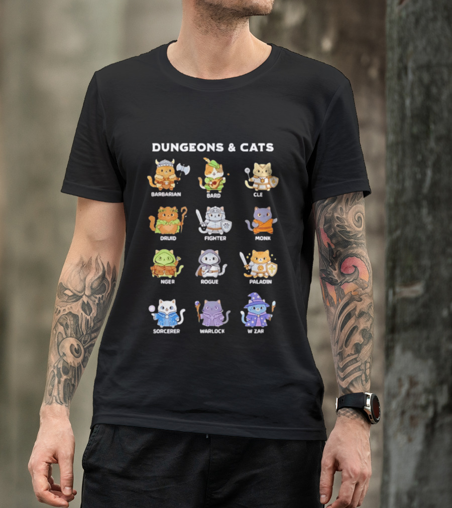 Dungeons And Cats Barbarian Bard Cleric Druid Fighter Monk Mage Rogue Paladin Sorcerer Warlock Wizard T-Shirt