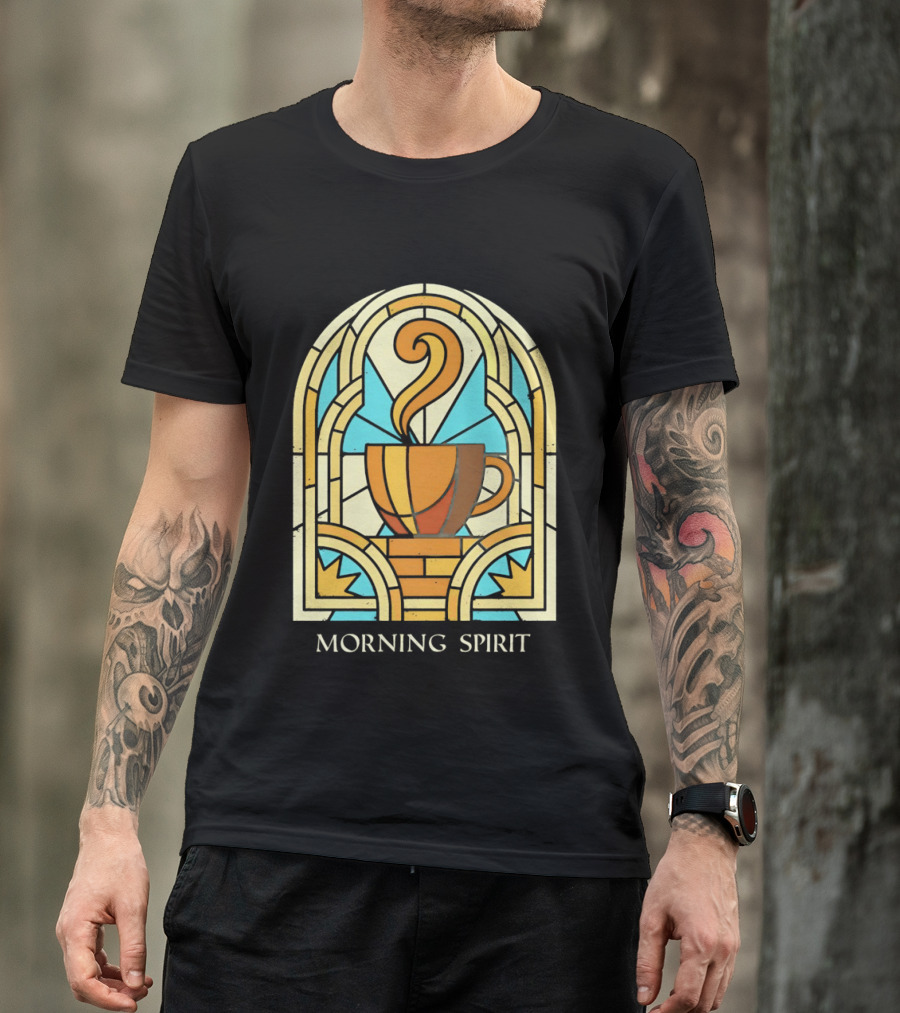Morning Spirit Coffee Cup Stained Glass Art Deco T-Shirt