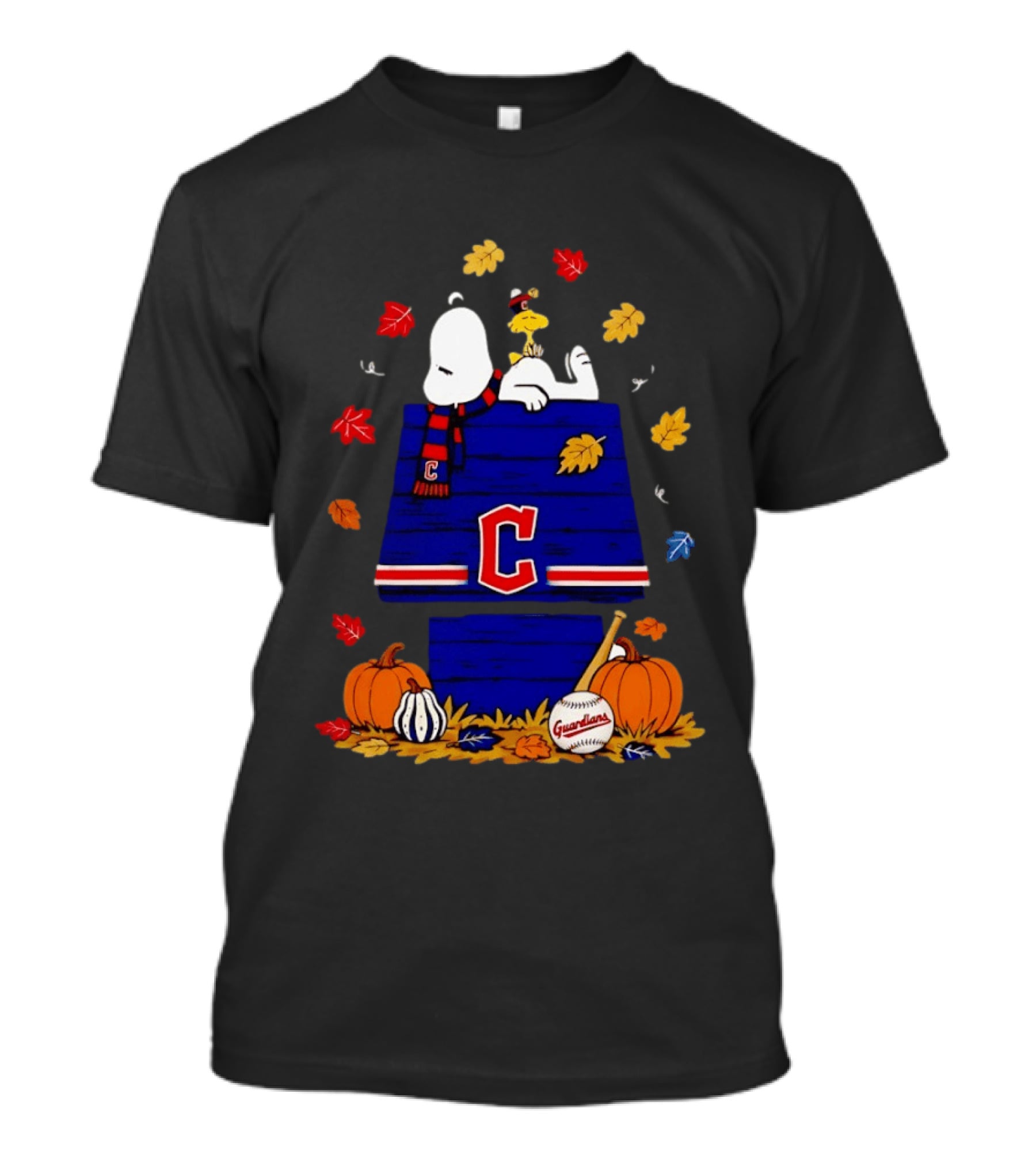 Snoopy Woodstock Cleveland Guardians Fall Baseball Pumpkins Autumn Leaves T-Shirt