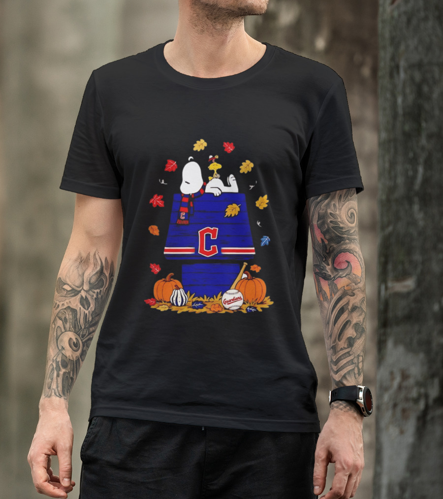 Snoopy Woodstock Cleveland Guardians Fall Baseball Pumpkins Autumn Leaves T-Shirt