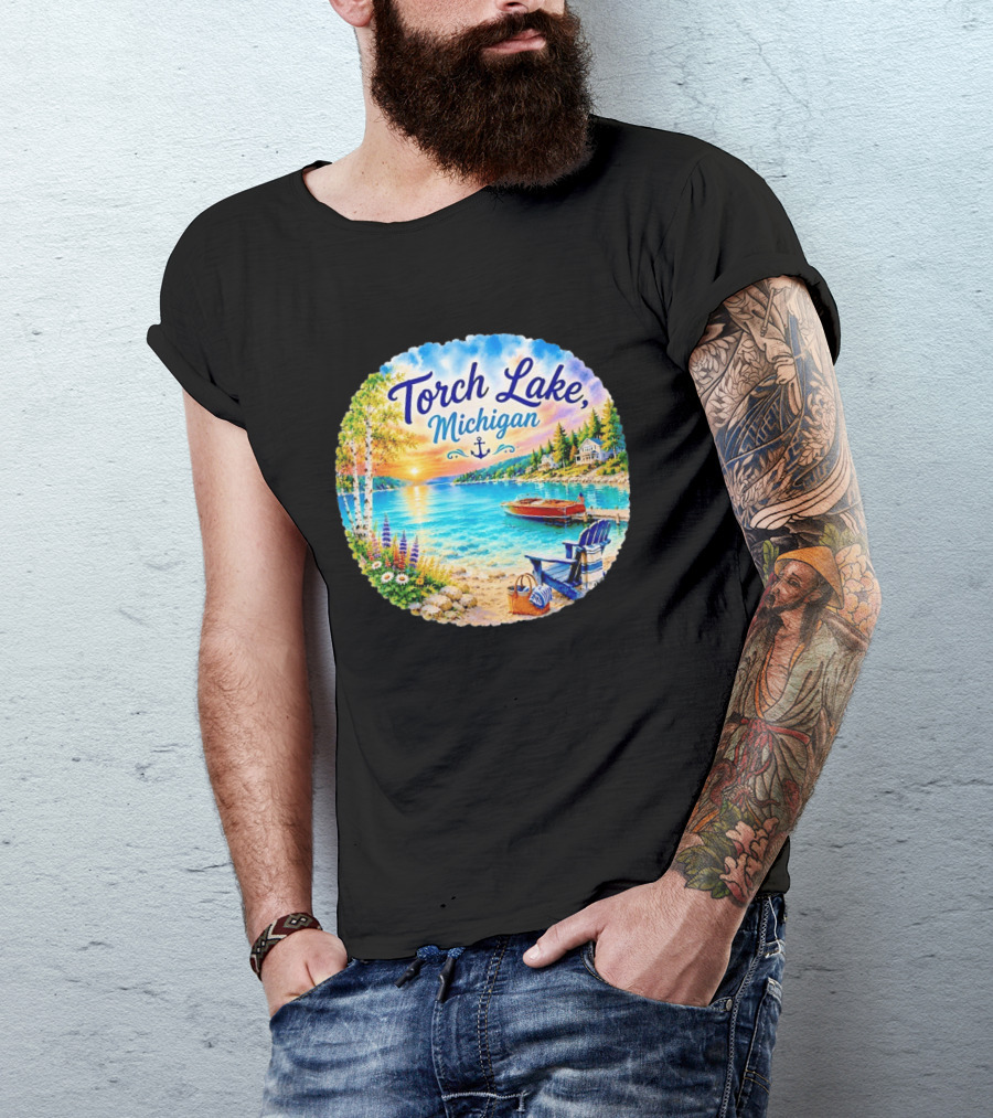 Torch Lake Michigan Sunset Scenic Lakeside Anchor T-Shirt