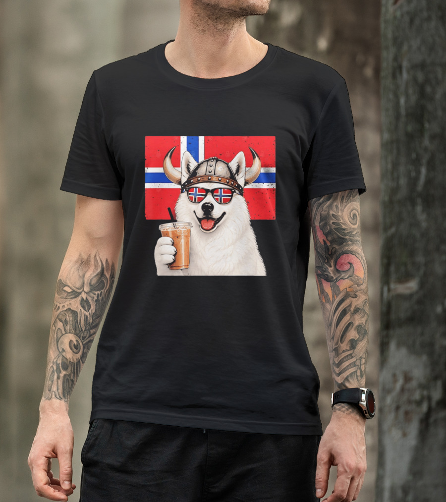 Viking Husky With Norwegian Flag Glasses And Iced Coffee T-Shirt