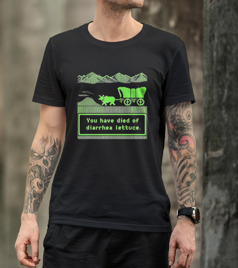 You Have Died Of Diarrhea Lettuce Oregon Trail Wagon Pixelated Retro Text Green T-Shirt