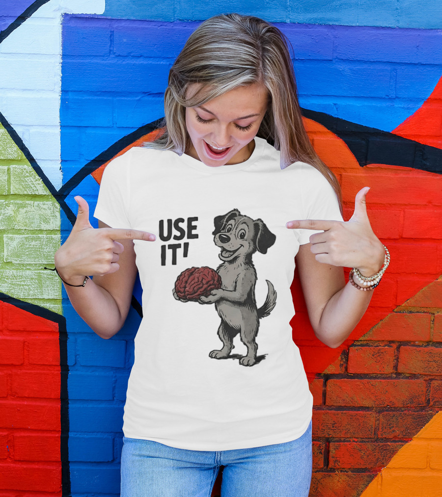 Cartoon Dog Holding Brain Use It Meme T-Shirt