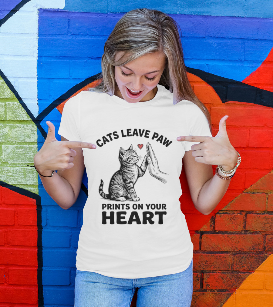 Cats Leave Paw Prints On Your Heart With Hand And Paw High Five T-Shirt