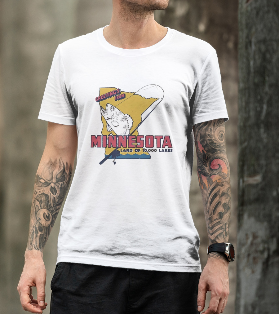 Greetings From Minnesota Land Of 10000 Lakes Fishing Map T-Shirt