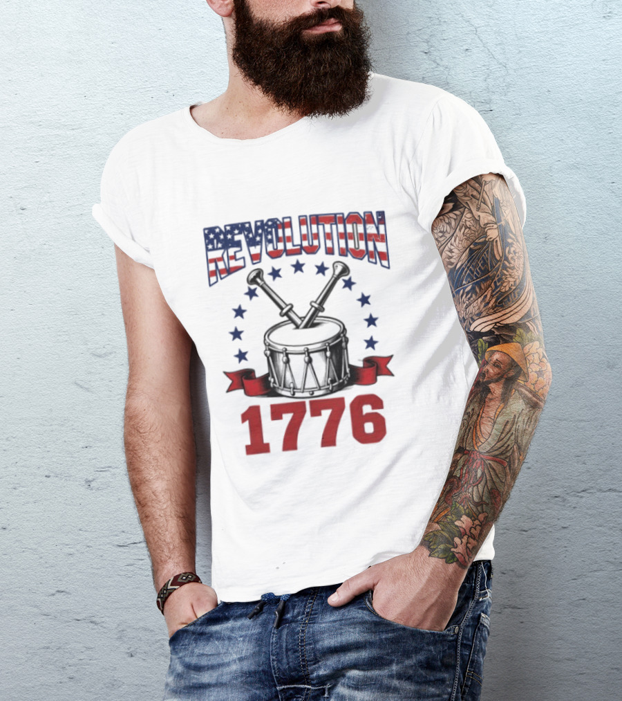 Revolution 1776 American Independence Drum With Stars And Crossed Drumsticks T-Shirt