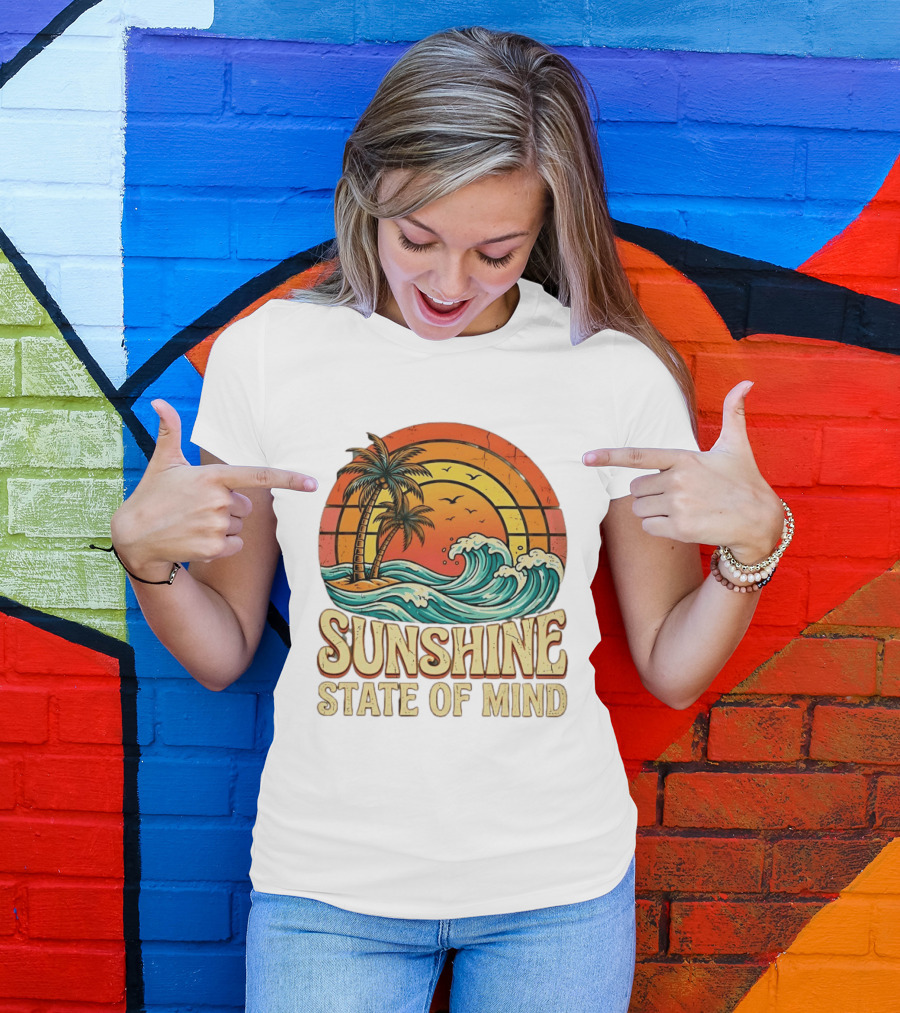 Sunshine State Of Mind Palm Trees Crashing Waves Sunset T-Shirt