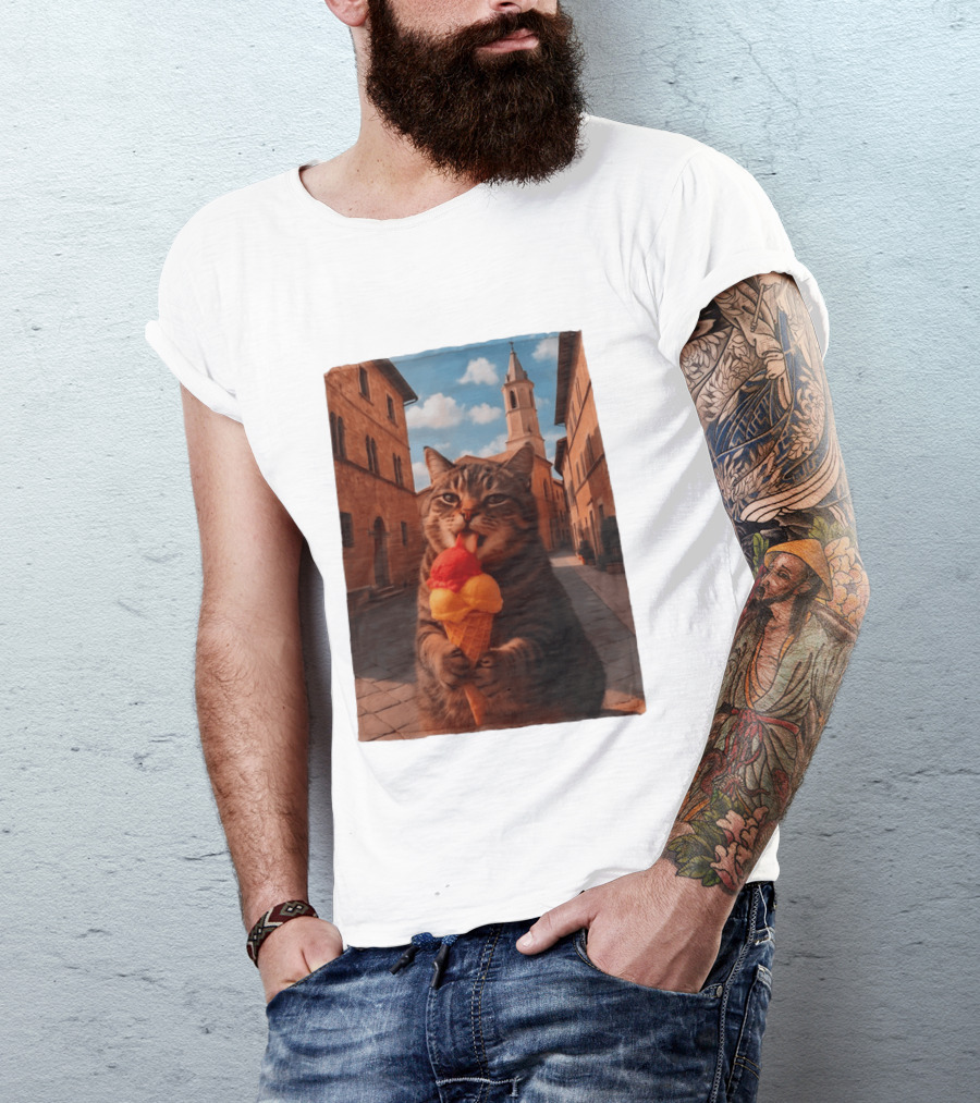 Tabby Cat Eating Ice Cream Cone In Italian Village Street Scene T-Shirt