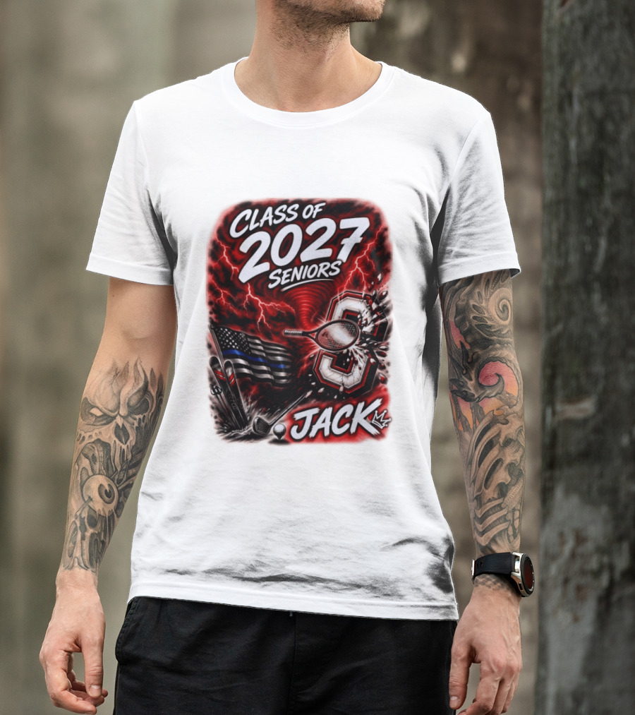 Class Of 2027 Seniors Jack Black Flag Lightning Tennis Football T-Shirt