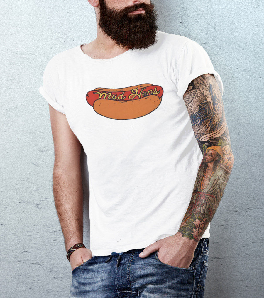Mud Hens Cursive Lettering Footlong Hot Dog Baseball Team T-Shirt