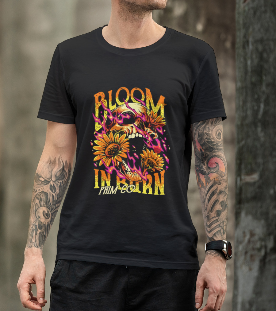 Bloom In Burn Prim Co Skull And Sunflowers T-Shirt