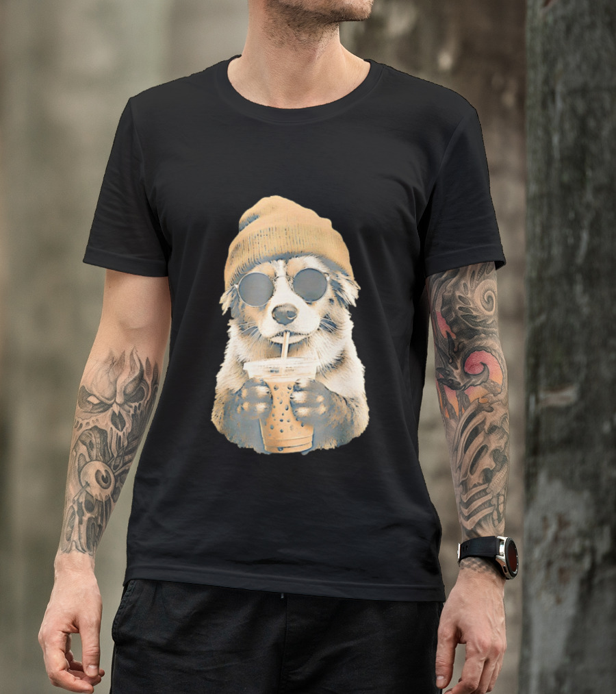 Cozy Dog In Beanie And Sunglasses Enjoying Iced Boba Tea T-Shirt