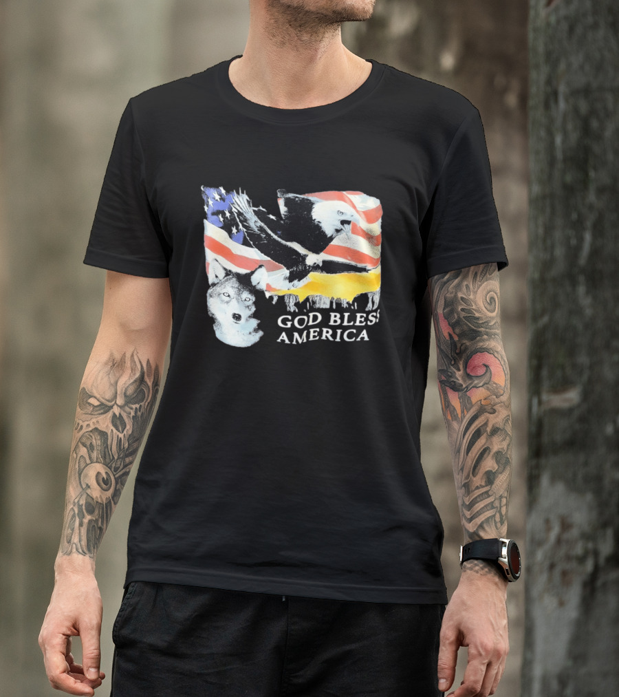 God Bless America Bald Eagle Wolf And American Flag Patriotic T-Shirt