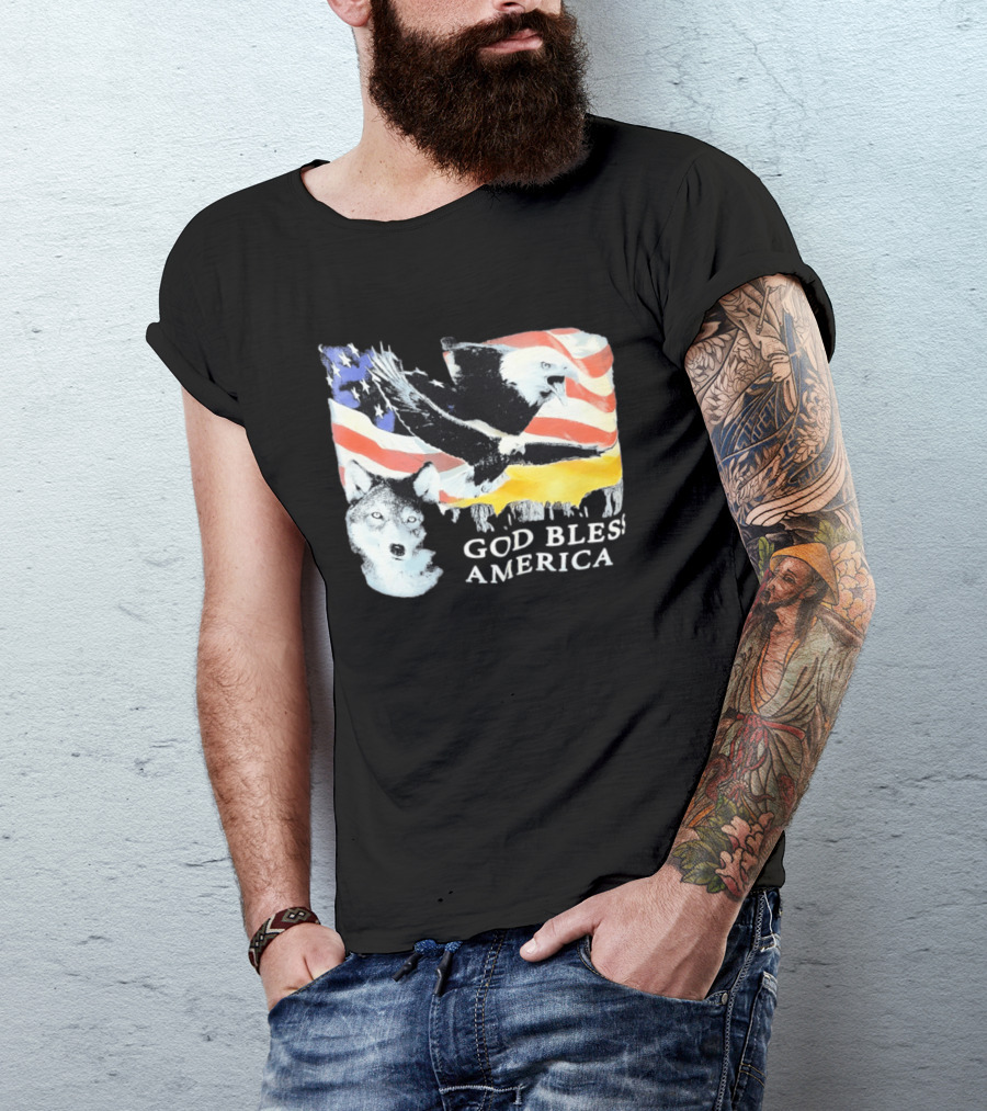 God Bless America Bald Eagle Wolf And American Flag Patriotic T-Shirt