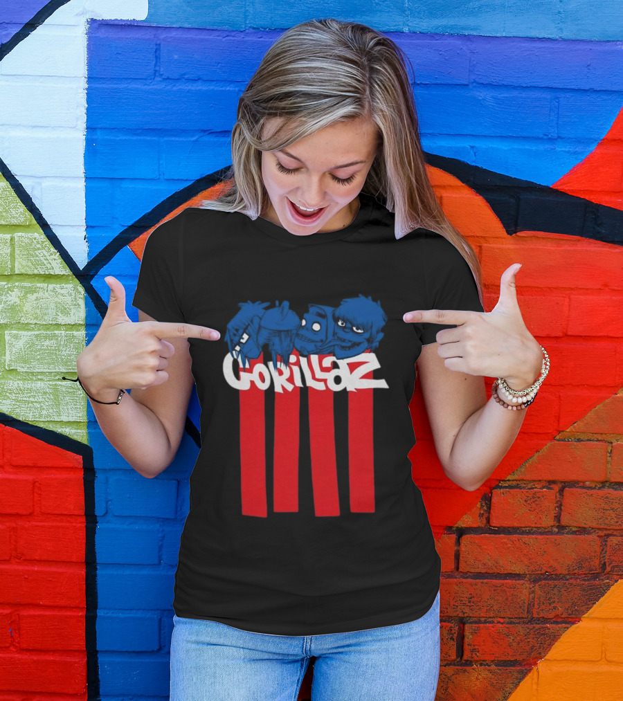 GORILLAZ Pez Heads Characters Red Stripes T-Shirt