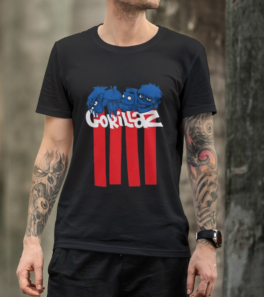 GORILLAZ Pez Heads Characters Red Stripes T-Shirt