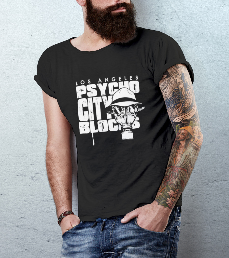 Los Angeles Psycho City Blocks Gas Mask Helmet Bold Lettering T-Shirt
