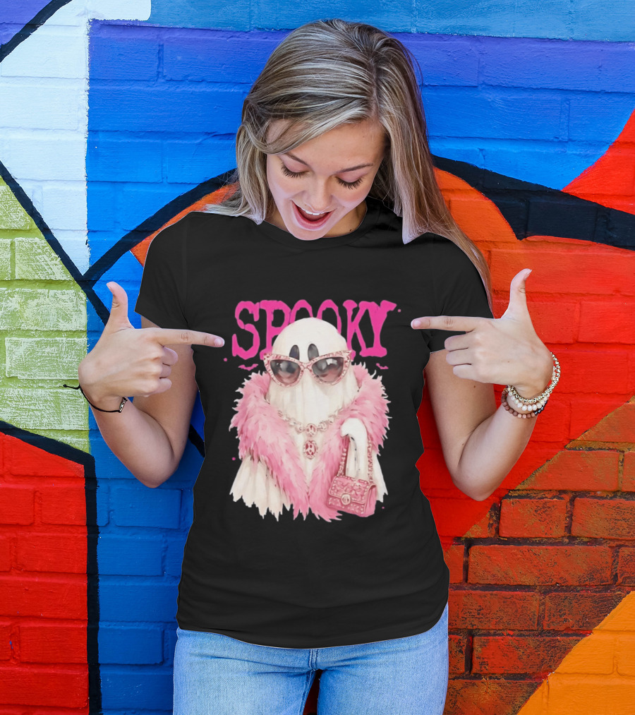 Spooky Glamorous Ghost With Pink Fur And Sunglasses T-Shirt