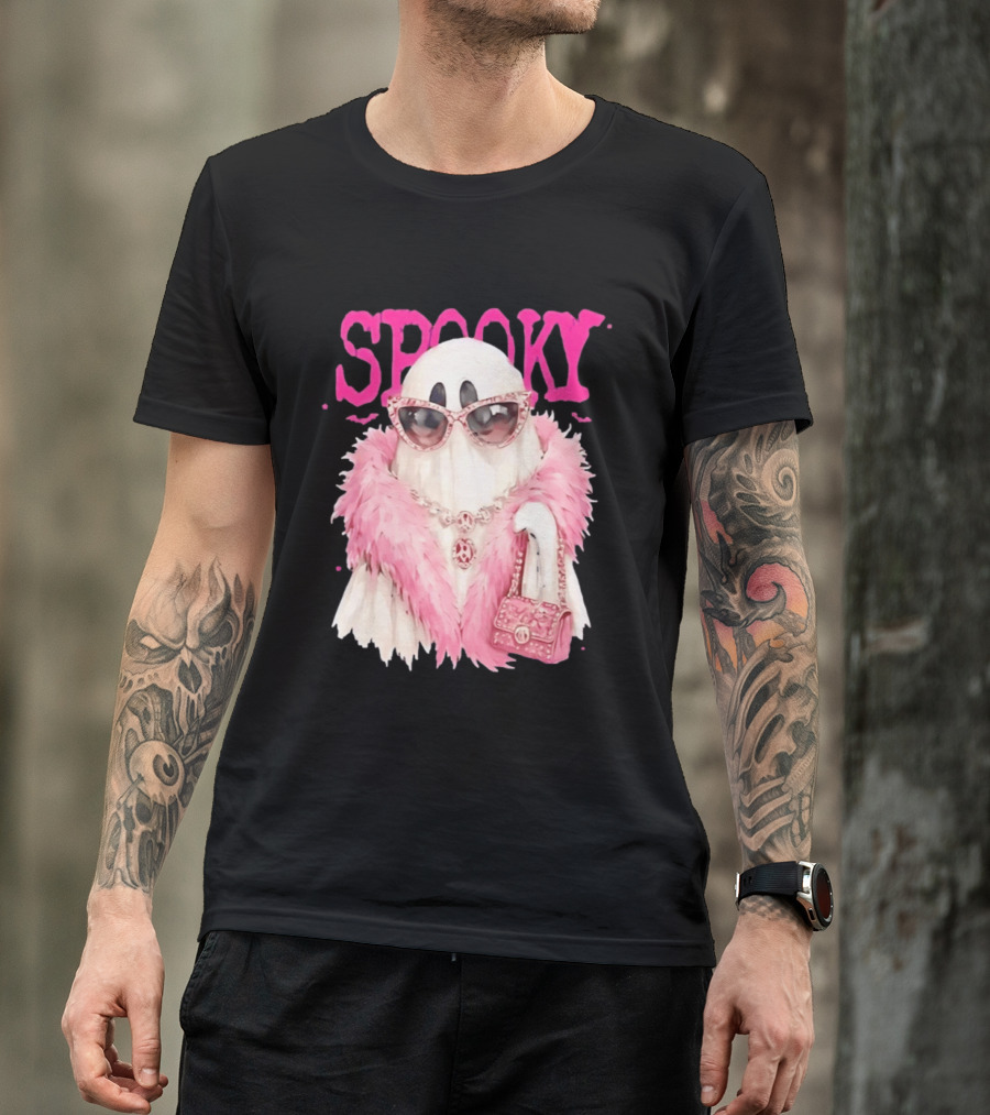 Spooky Glamorous Ghost With Pink Fur And Sunglasses T-Shirt