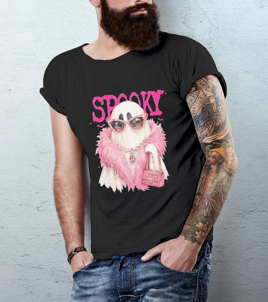 Spooky Glamorous Ghost With Pink Fur And Sunglasses T-Shirt