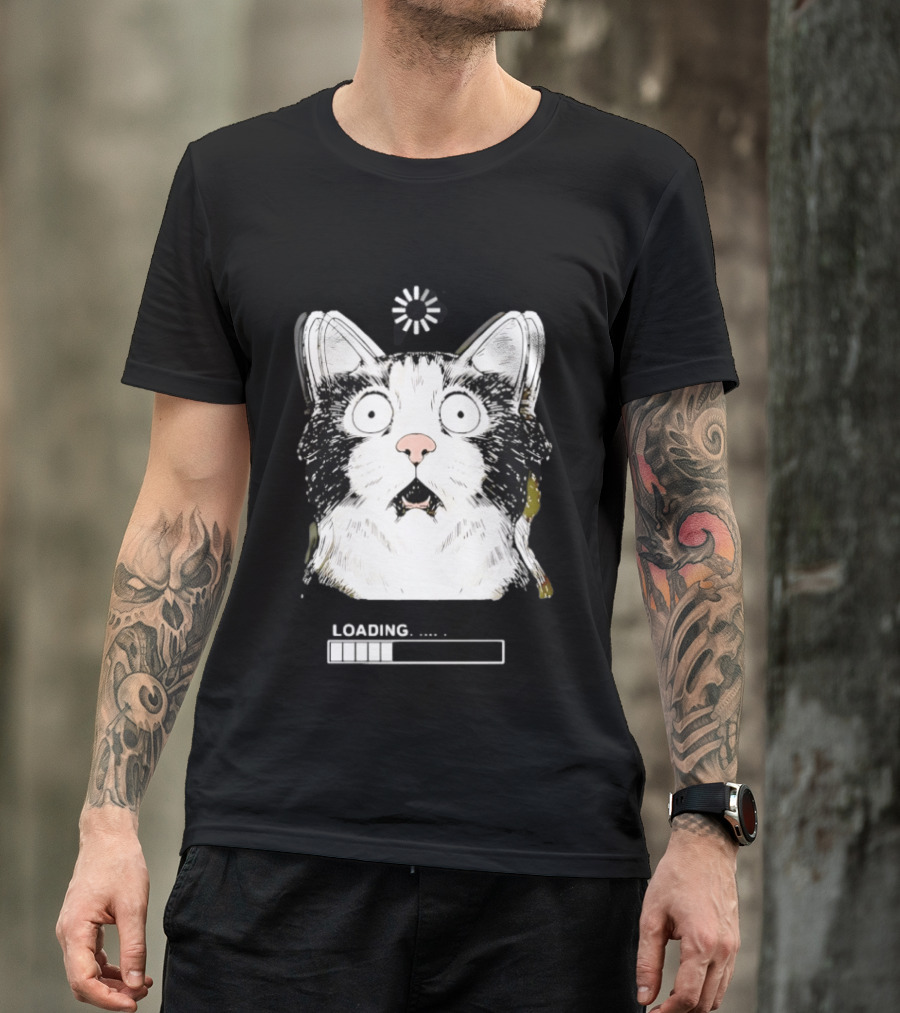 Startled Tuxedo Cat Staring Wide Eyed Beside Loading Progress Bar Meme T-Shirt