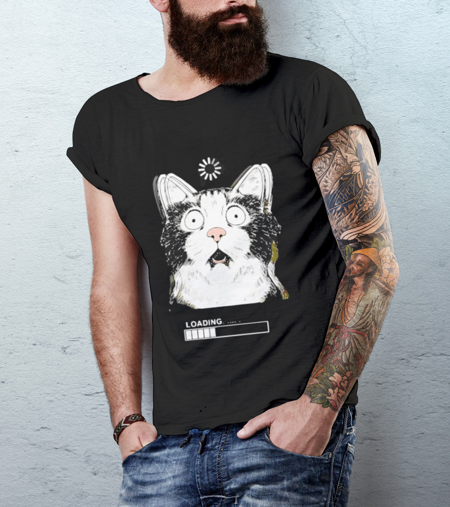 Startled Tuxedo Cat Staring Wide Eyed Beside Loading Progress Bar Meme T-Shirt