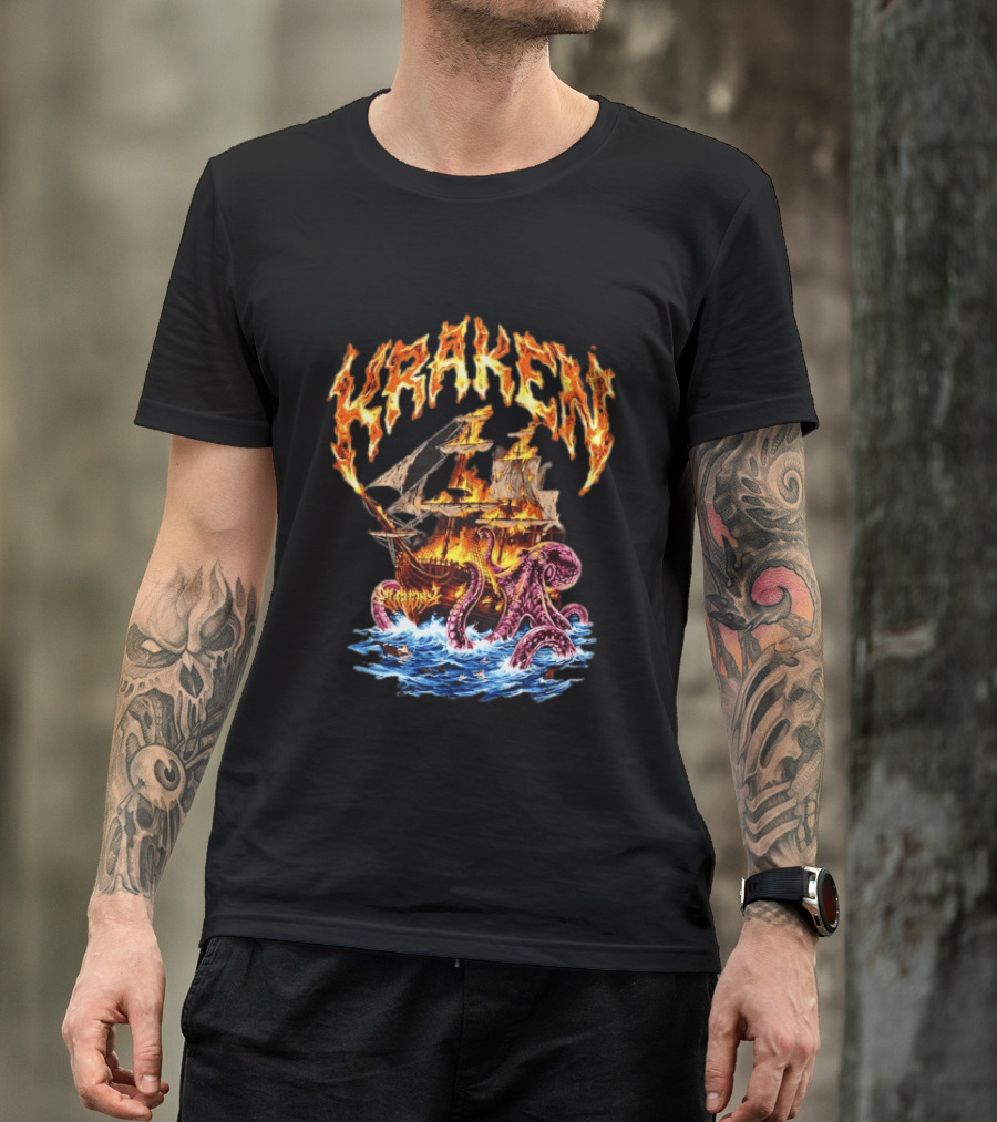 Kraken Nautical Myths Burning Ship Octopus Attack T-Shirt
