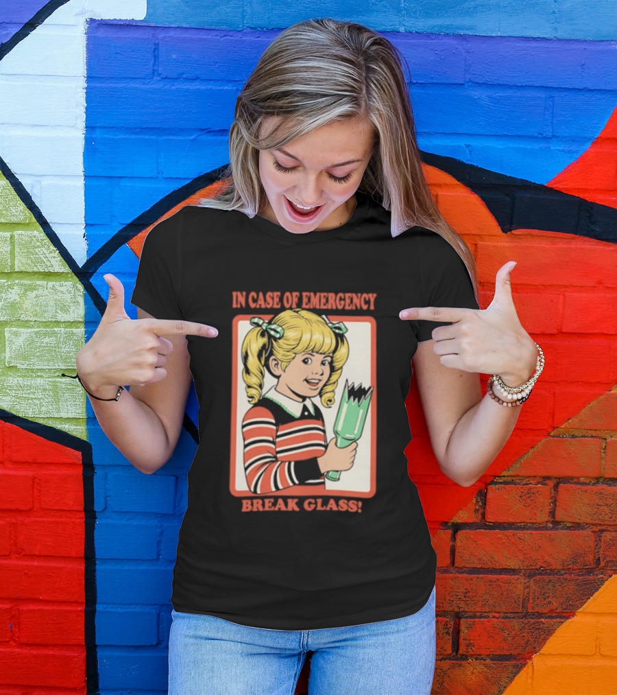 In Case Of Emergency Break Glass Blonde Girl With Striped Sweater Holding Broken Bottle T-Shirt