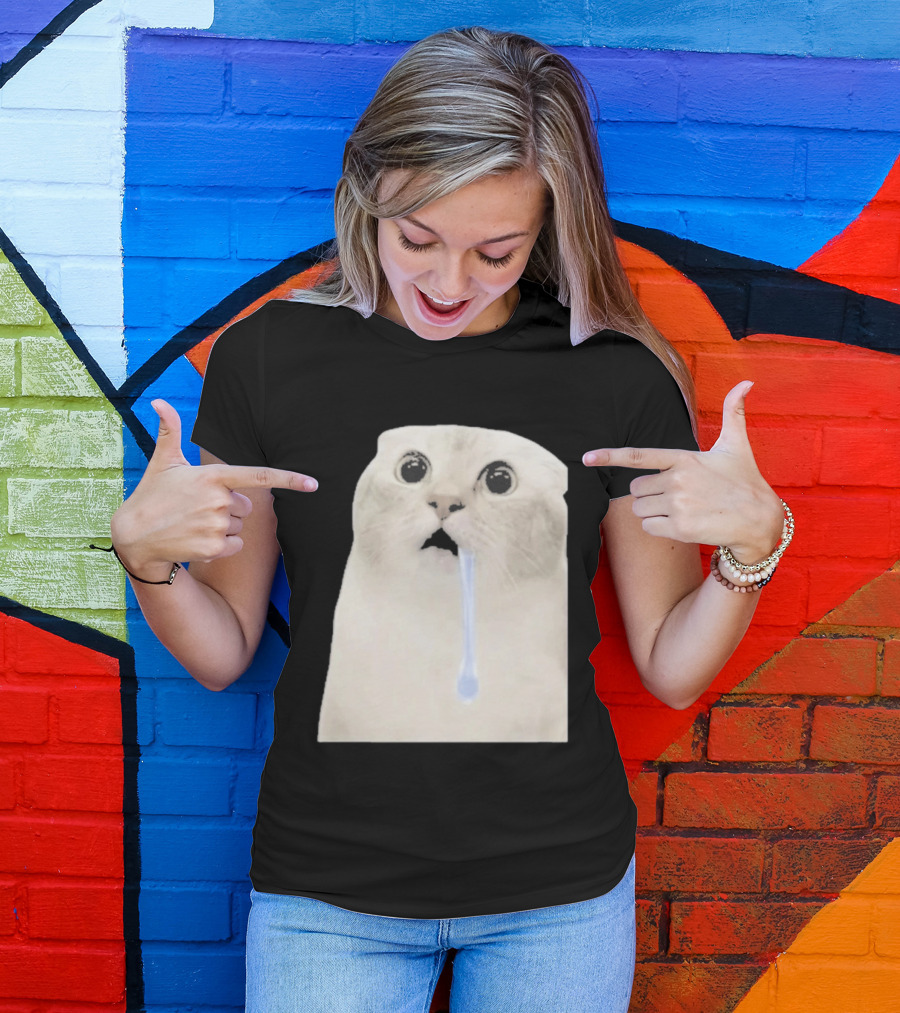 Wide Eyed Drooling Cat Meme Humor T-Shirt