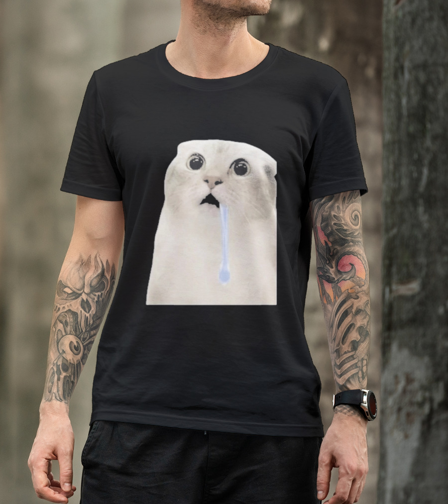 Wide Eyed Drooling Cat Meme Humor T-Shirt