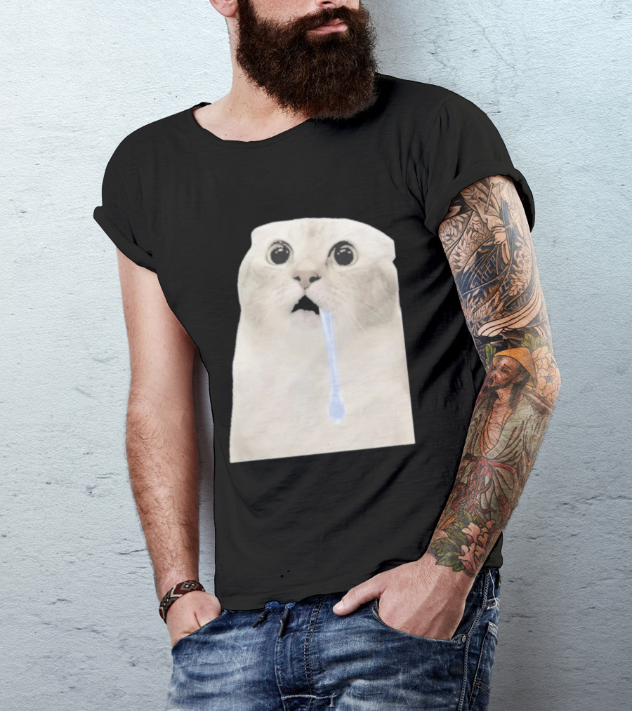 Wide Eyed Drooling Cat Meme Humor T-Shirt