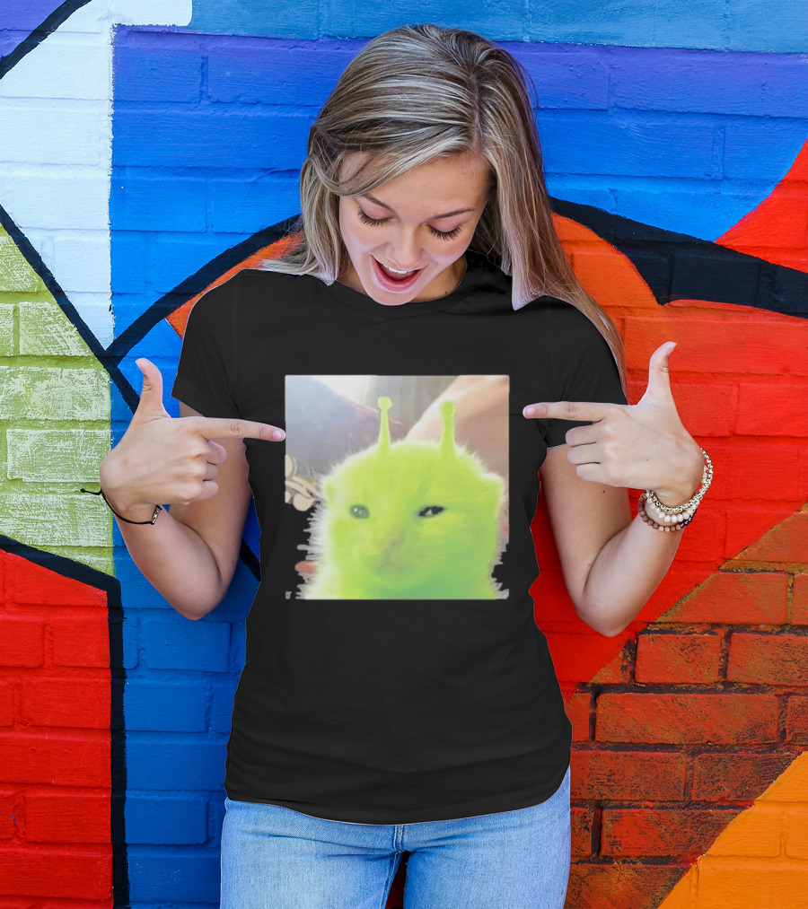 Glorp Alien Cat Winking Whimsical Green Feline With Antennae T-Shirt